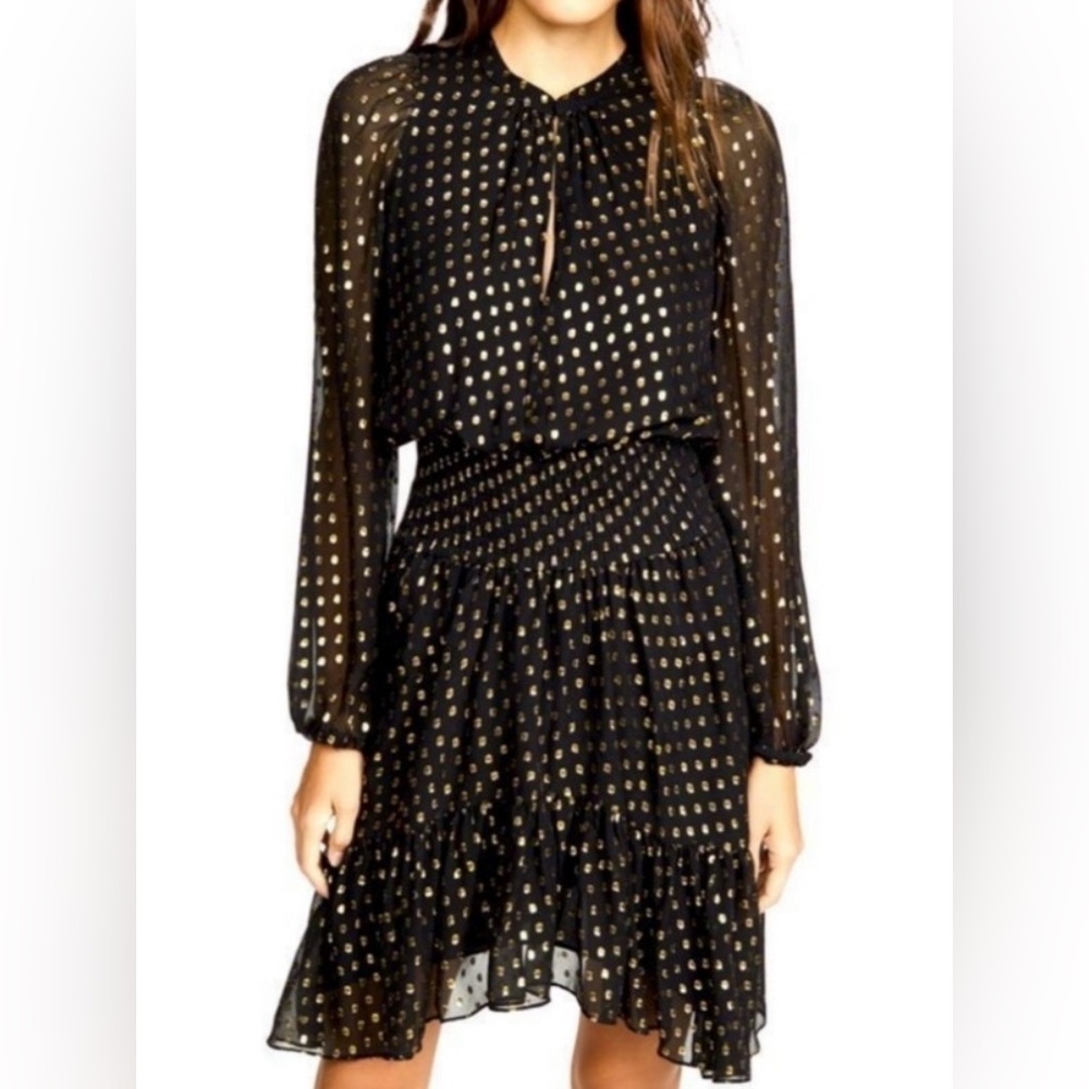 A.L.C. Sidney Silk Metallic Dot Long Balloon Sleeve Split Neck Mini Dress